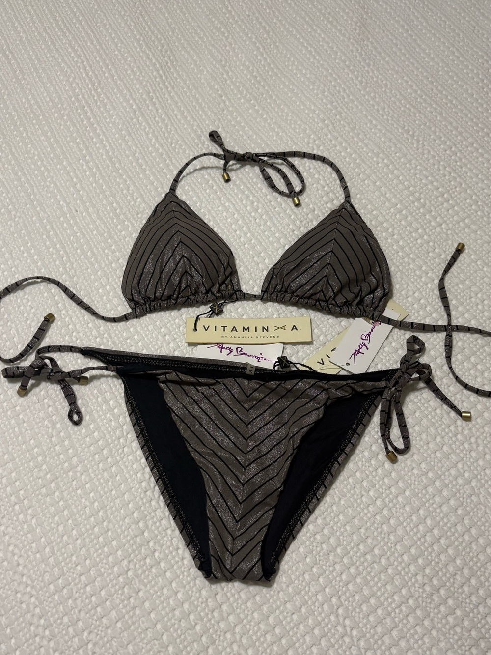 Vitamin A Shinny Charcoal Chevron Tie Triangle Bikini Set NEW***
